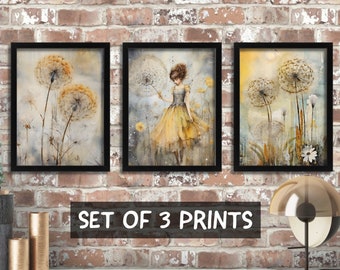 Ochre Wall Art Set Of 3 Prints, Dandelion Wall Art, Botanical Pictures, Living Room Decor Botanical Posters Set, Shabby Chic Dandelion Print
