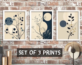 Minimalist Prints, Bohemian Set Of 3 Prints, Scandi Botanical Wall Art, Beige and Navy Wall Art, Dual Colour Living Room Decor Geometric Art