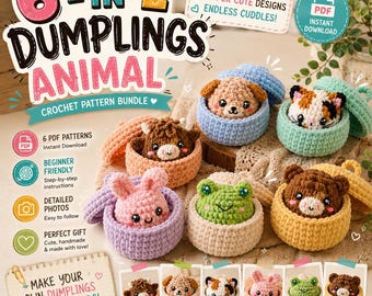 6-in-1 Dumpling Animal Crochet Pattern Bundle, Amigurumi Highland Cow, Cat, Bunny, Dog, Frog, Bear - PDF Instant Download, Beginner Friendly