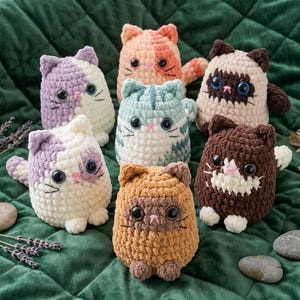 May include: A collection of seven handmade crochet cat plushies in various colors, including purple, orange, blue, and brown. Each cat has large, expressive eyes and a unique color pattern. The plushies are arranged on a green, textured surface.