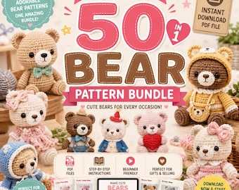 50 in 1 Bear Crochet Pattern Bundle, Amigurumi Teddy Bear Pattern PDF, Cute Animal Crochet Pattern, Ultimate Collection Crochet Bear Pattern