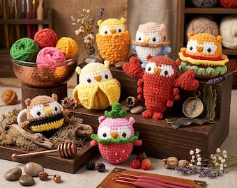 Owl Crochet Pattern, 8 in 1 Owl Pattern Bundle, Fruit Owl Amigurumi, Cute Owl Crochet, Crochet Pattern PDF, Cute Crochet Animal Bundle