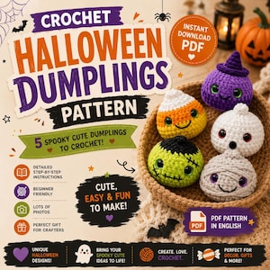 Dumpling & Steamer Virkmönster, Halloween Virkmönster, 5 i 1 Spöklika Dumplingmönster, Söt Spöke Amigurumi, Halloween Virkning PDF