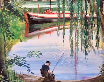 Oil painting fisherman at the lake - Romantic natural scenery with boat and lake shore | Original artwork