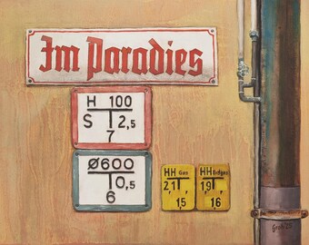 Oil painting street sign "In Paradise" – Urban Realism mural with gas and water signs, house wall detail, hand-painted 24 x 30 cm