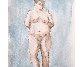Female figure nude, original pencil drawing and watercolor