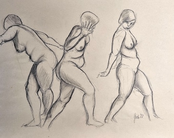 Nude group, nude picture, female sketch, feminine representation, naked women, original charcoal drawing on brown paper, 50 x 35 cm