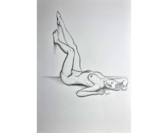 Original drawing reclining nude, naked woman, female representation, with pencil on white paper, DIN A3