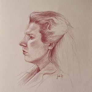 Original hand drawn portrait, profile picture, side view, girl, colored pencil on paper, DIN A3, by Arne Groh