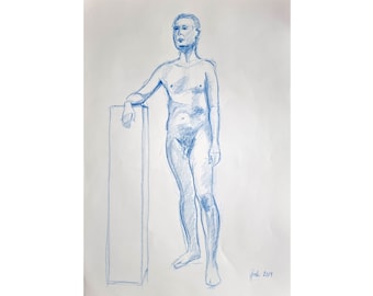 Male nude sketch, naked man standing, 2019, original, colored pencil on paper, DIN A3, by Arne Groh