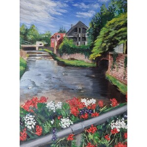 May include: A painting depicting a river winding through a quaint town. The river is bordered by verdant foliage and brick buildings. A bridge spans the river, and a small waterfall can be seen in the distance. The painting is executed in a realistic style with vivid colours.