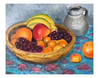 Fruit basket Original hand-painted painting, oil painting by Arne Groh, unique still life, wall décor for dining room or kitchen