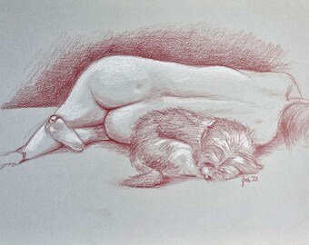Nude with dog, naked woman, sleeping dog, female representation, original drawing with colored pencil on gray paper, DIN A3, by Arne Groh