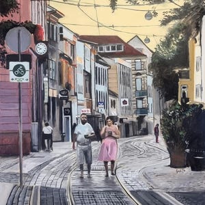 May include: An oil painting depicts a European city street scene. A couple walks on a cobblestone street with tram tracks. Buildings line the street, and a clock and street signs are visible. The sky is a pale yellow.