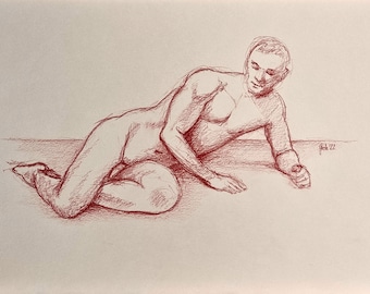 Original reclining male nude, naked man, 2022, sketch with pastel on paper, DIN A3, by Arne Groh