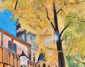 Autumnal linden tree, golden tree in front of Romanesque church – Hand-painted oil painting in warm colors