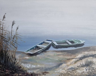 Boats in the Fog, original hand-painted oil painting, 30 x 40 cm, by Arne Groh