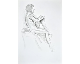 Seated nude, nude picture, female sketch, feminine representation, original pencil drawing on DIN A3 paper, nude