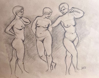 Nude group, nude picture, female sketch, feminine representation, naked women, original pencil drawing on brown paper, 50 x 35 cm