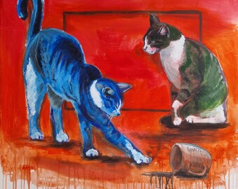 Acrylic painting “Collateral Damage” – Two cats, red scene, overturned cup, modern animal painting, expressionist painting