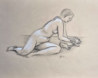 Nude with dog, naked lying woman, sleeping dog, female representation, original drawing with charcoal on brown paper, 35 x 50 cm