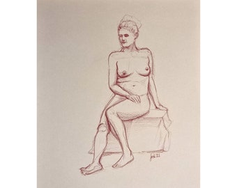 Sitting nude, naked woman, hand drawn original, nude portrait colored pencil drawing, nude sketch, 420 x 297 mm (~16.5x11.6in)