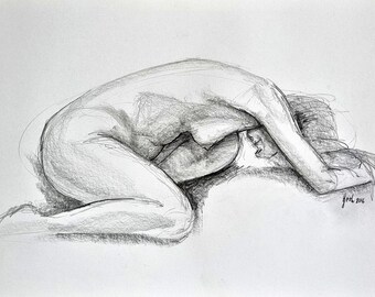 Reclining nude, nude picture, female sketch, feminine representation, naked woman, original pencil drawing on DIN A3 paper, nude