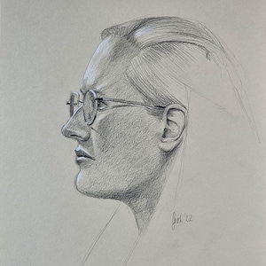 Young woman with glasses, portrait drawing, picture in profile, original hand-drawn, pencil drawing, DIN A3