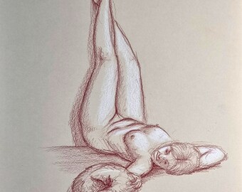 Nude with dog, naked woman, sleeping dog, female representation, original drawing with colored pencil on cream-white paper, DIN A3