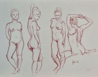 Nude group, nude picture, female sketch, feminine representation, naked women, original pastel drawing on gray paper, 420 x 297 mm