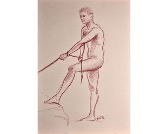 male nude with rope, naked man, 2022, original sketch with colored pencil on paper, DIN A3, by Arne Groh