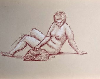 Nude with dog, naked woman, sleeping dog, female representation, original drawing with colored pencil on cream-colored paper, 29 x 42 cm