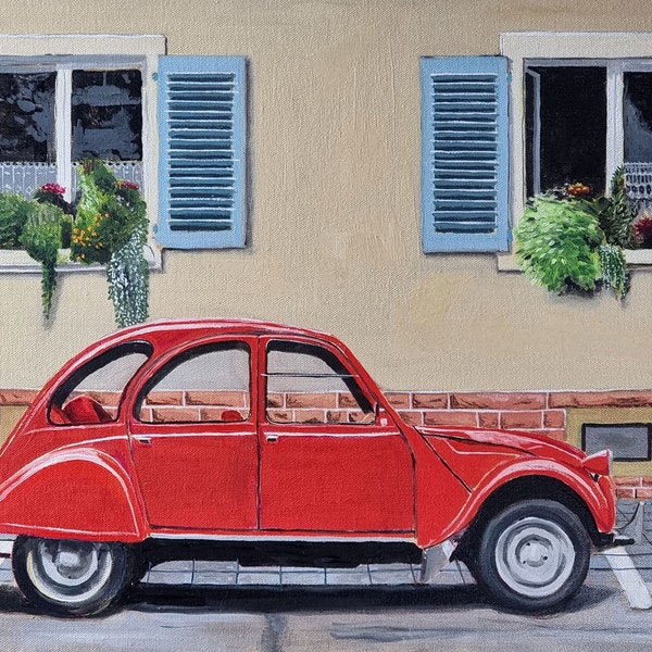 Original handgemaltes Ölbild, Citroën 2CV "Ente" vor einem alten Haus mit Blumen, "Nostalgia 2", Oldtimer auf Straße, Gemälde von Arne Groh
