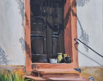 Courtyard idyll – Hand-painted oil painting of a wooden door on canvas with rustic charm