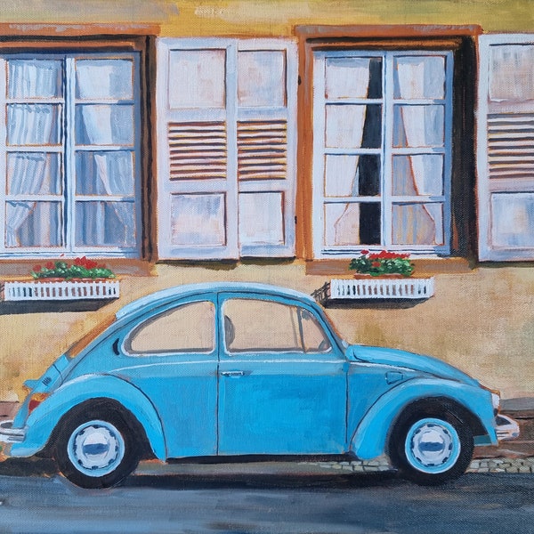 VW Käfer vor einem alten Haus mit Blumen, "Nostalgia", Original handgemaltes Ölbild, Oldtimer auf Straße, Gemälde von Arne Groh