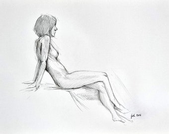 Sedentary nude, nude, female sketch, feminine representation, original pencil drawing on DIN A3 paper, nude