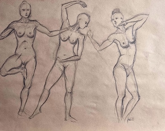 Nude group, nude painting, female sketch, feminine depiction, naked women, original pencil drawing on brown paper, 50 x 35 cm