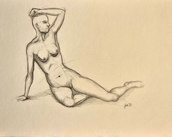 Original reclining female nude, naked woman, 2022, sketch with pencil on creamy white paper, DIN A3, by Arne Groh