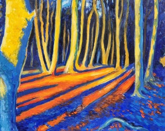 Witch's Grove – Expressive forest in strong primary colors, oil on canvas 70 x 50 cm, 2025, painted edges