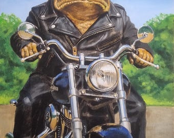 Rocker Toad – Original Oil Painting on Wood | 30×24 cm | Toad as a Biker on a Motorcycle | Unique Piece