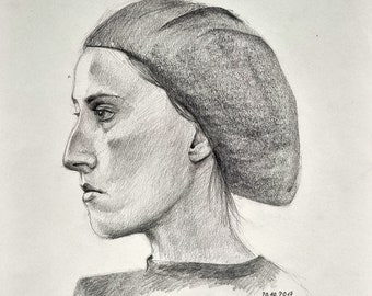 Girl with beret, hand-drawn original, colored pencil on paper, DIN A3, by Arne Groh