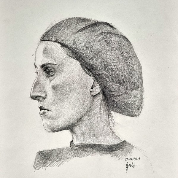 Fille au béret, original dessiné à la main, crayon de couleur sur papier, DIN A3, par Arne Groh