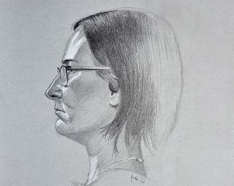 Woman with glasses, profile portrait drawing, original hand-drawn, pencil drawing, gray DIN A3 paper