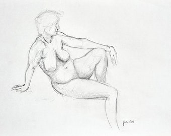 Seated female nude, nude, female representation, original drawing with pencil on paper, DIN A3, Arne Groh