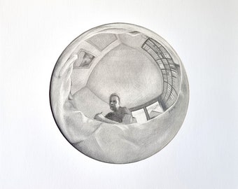 Self-portrait reflection in sphere, original unique portrait pencil drawing