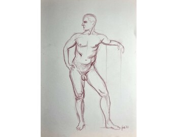 Original male nude, naked man, 2022, sketch with colored pencil on paper, DIN A3, by Arne Groh