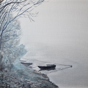 Boote am bewaldeten Ufer, handgemaltes Original, Ölgemälde, Wand-Dekor, 30x40cm, von Arne Groh