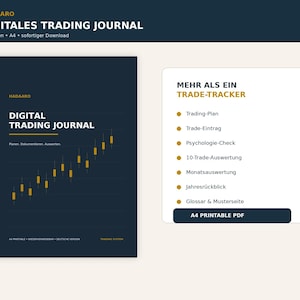 Könnte beinhalten: Ein dunkelblaues digitales Trading-Journal mit einem gelben Kerzendiagramm. Das Cover zeigt den Text 'HADAARO DIGITAL TRADING JOURNAL'. Ein weißes Infofeld listet Funktionen wie 'Trading-Plan', 'Trade-Eintrag', 'Psychologie-Check' und 'A4 PRINTABLE PDF' auf.