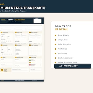 Könnte beinhalten: Eine druckbare A4-PDF-Handelsjournal-Vorlage mit dem Titel HADAARO PREMIUM DETAIL-TRADEKARTE. Das Dokument bietet ein strukturiertes Layout mit Abschnitten für Setup, Markt, Einstieg, Plan, Risiko, Psychologie, Ausführung, Chart und Handelsstatus.