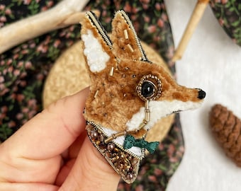 Fox brooch pin, Vintage fox brooch, Vintage animal brooch, Embroidery brooch, Unique fox gift, Fox jewelry, Cute fox, Fox pin, Fox gift